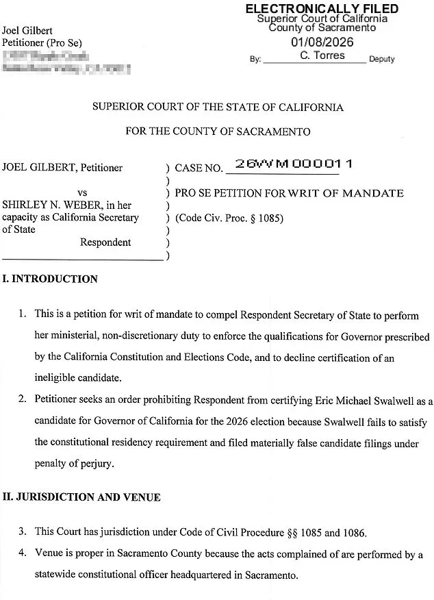 Legal Challenge to Eric Swalwell's Residency for Governor's Bid: Joel Gilbert Alleges Violation of California's Five-Year Rule, Centered on Sacramento Address