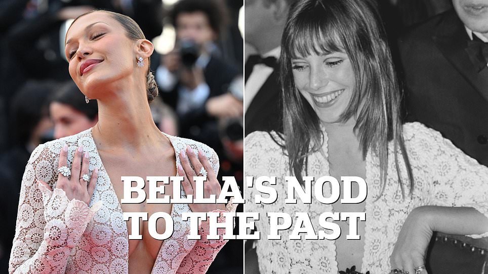 Bella Hadid pays homage to Jane Birkin at Cannes in Schiaparelli gown.